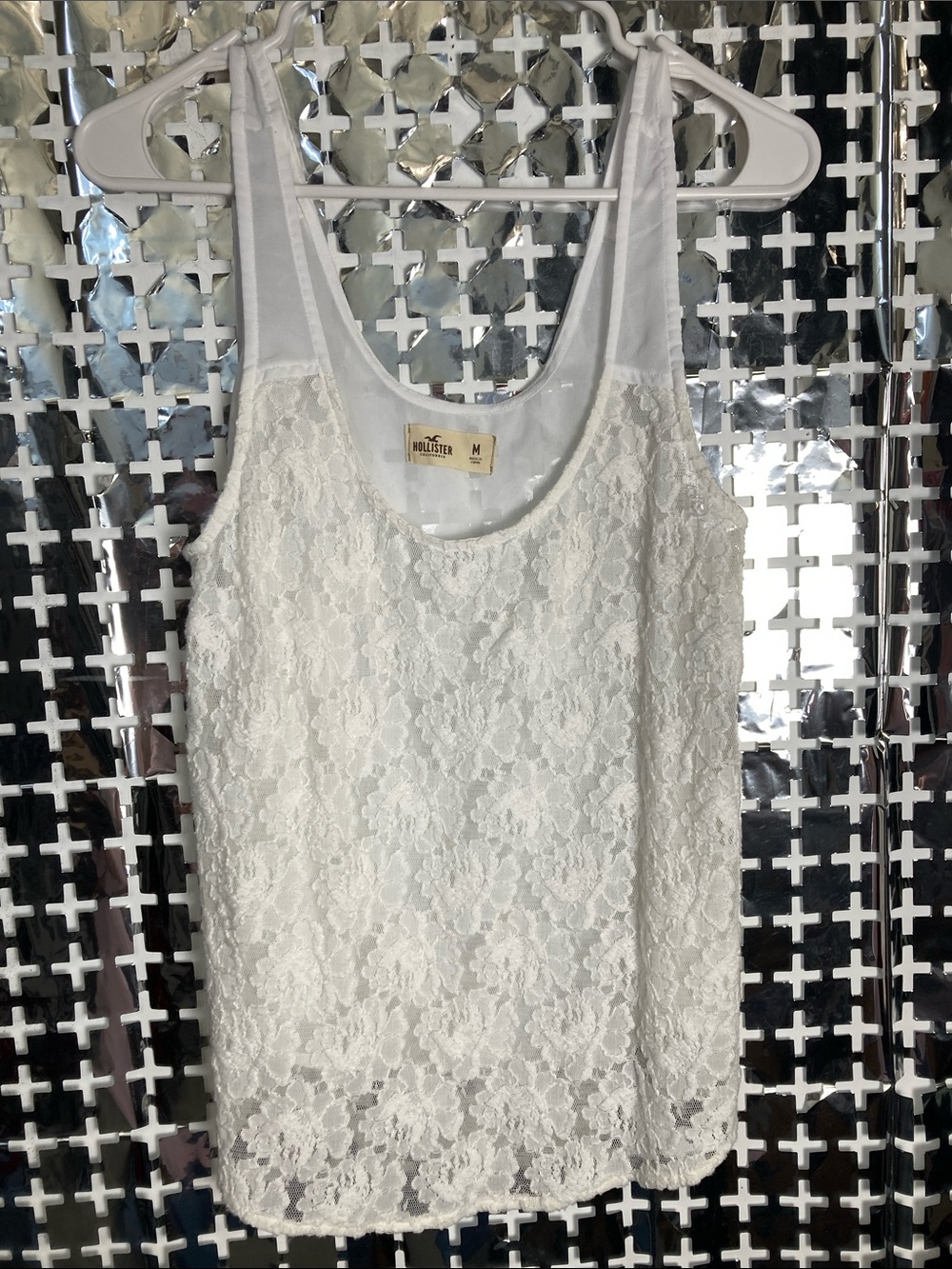 Hollister White Lace Tank Top with Floral Overlay